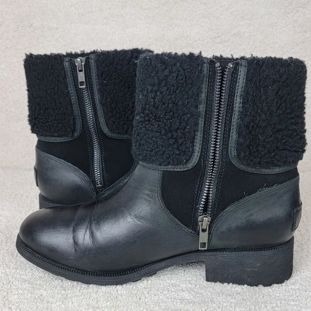 UGG‎ Women's 9 Elings Black Leather Shearling Gorpcore Moto Waterproof Boots